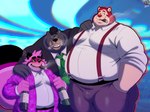 alcohol anthro belly beverage black_hair blush cigar clothing eyewear fur glasses group hair male necktie overweight overweight_anthro overweight_male pink_body pink_clothing pink_fur smile smoke suit suspenders trashtoonz bobo_(blazingcheecks) meek_(character) steve_jovonovich bear canid canine mammal raccoon_dog tanuki absurd_res hi_res