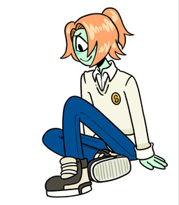 1_eye 4_fingers ambiguous_gender bottomwear clothing denim denim_bottomwear denim_clothing fingers footwear green_body green_skin hair jeans mouth_closed orange_hair pants ponytail school_uniform shoes simple_background sitting smile sneakers solo sweater teal_body teal_skin topwear uniform white_background sketchventures adventure_time cartoon_network fionna_and_cake fionna_and_cake_(franchise) blaine_(adventure_time) cyclops humanoid 2025 digital_drawing_(artwork) digital_media_(artwork) hi_res nonbinary_(lore)