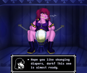 anthro biped blush bodily_fluids bound chain chained clothed clothing detailed_background dialogue dialogue_box diaper female furniture gag genital_fluids inside jewelry key necklace object_in_mouth onomatopoeia pacifier pacifier_gag pacifier_in_mouth shirt sitting solo sound_effects stool text topwear unclean_diaper urine used_diaper wearing_diaper wet_diaper wetting tysuga deltarune undertale_(series) susie_(deltarune) 2021 english_text