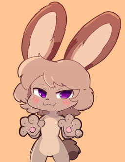 4_fingers anthro big_ears blush blush_lines brown_body brown_fur brown_hair cotton_tail cute_fangs ears_up eyebrow_through_hair eyebrows eyelashes fangs fingers fluffy fluffy_tail fur gesture hair hand_gesture kemono looking_at_viewer male orange_background pawpads paws purple_eyes raised_arms shortstack simple_background slim smile snaggle_tooth solo standing stop_gesture tail tan_background teeth translucent translucent_hair white_sclera sodanalan1998 clover_(fiddleafox) lagomorph leporid mammal rabbit 2024 cel_shading digital_drawing_(artwork) digital_media_(artwork) hi_res shaded