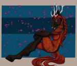 anthro antlers bedroom_eyes big_hooves braided_hair braided_ponytail dappled_body facial_piercing female fur hair horn looking_at_viewer narrowed_eyes nipple_piercing nipples nose_piercing nose_ring nude piercing ponytail raised_leg red_body red_fur red_hair ring_piercing seductive septum_piercing septum_ring sitting smile smiling_at_viewer solo torielle scapeh equid equine mammal hi_res