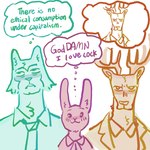 anthro antlers female group horn humor male text thought_bubble trio burrrnt beastars haru_(beastars) legoshi_(beastars) louis_(beastars) canid canine canis deer lagomorph leporid mammal rabbit wolf 1:1 english_text hi_res meme