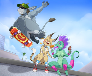 3_toes 4_fingers animal_genitalia animal_penis anthro areola balls baseball_cap big_balls bouncing_balls breasts butt casual_nudity claws clothing countershade_feet countershade_torso countershading crew_socks dessert drool_on_face equine_genitalia equine_penis eyes_closed eyewear fangs feet female fingers food footwear genitals gloves_(marking) group hat headgear headwear ice_cream impact_lines jewelry leg_warmers legwear male markings midair motion_lines navel necklace nipples nude open_mouth outdoor_nudity outside penis penis_smack pink_nose plantigrade pubes purple_eyes shoes sitting skateboard slap_mark smile sneakers socks sunglasses sunglasses_on_face surprised sweatband teeth toe_claws toes tongue tongue_out trio vehicle vulva wearing_sunglasses wristband yellow_sclera lonbluewolf asinus donkey equid equine felid feline lizard mammal reptile scalie 2026 6:5 hi_res