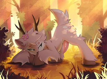 accessory antlers ass_up brown_body brown_fur cloven_hooves erection feral flower flower_in_hair fur genitals grass hair hair_accessory head_tuft hooves horn light male penis plant quadruped raised_tail scut_tail short_tail shrub solo sunlight tail tapering_penis tree tuft unguligrade kejifox ash_(kejifox) deer mammal hi_res shaded