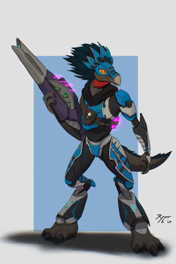 anthro armor avian_caruncle beak claws digitigrade feather_hair feathered_crest feathers finger_claws first_aid_kit gun head_crest headgear helmet holding_gun holding_object holding_ranged_weapon holding_weapon long_tail male medical_instrument needle_rifle pseudo_hair ranged_weapon scientific_instrument solo spurs_(anatomy) standing tail toe_claws weapon yellow_eyes akilae06 halo_(series) microsoft xbox_game_studios alien avian kig-yar scalie t'vaoan absurd_res colored hi_res