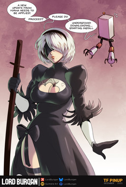 accessory black_clothing black_dress blindfold breasts clothed clothing dialogue dress female fully_clothed hair hair_accessory hairband lips machine melee_weapon mole_under_mouth not_furry solo sword text weapon white_hair lordburqan nier_automata platinumgames yorha_2b android humanoid robot english_text hi_res