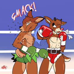anthro bodily_fluids boxing boxing_gloves breath clothing costume duo eye_roll fight fighting_ring fur_trim_(clothing) handwear male onomatopoeia saliva santa_costume sound_effects sport text fellowthewulf bambi_(film) disney rankin/bass rudolph_the_red-nosed_reindeer_(tv_special) bambi rudolph_the_red-nosed_reindeer 1:1 2026 digital_media_(artwork) english_text hi_res