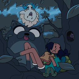 alternate_species alternate_universe ambiguous_gender anthro bite_mark bite_mark_on_neck black_hair blep clothed clothing eating eating_food fanged_bite_mark fanged_bite_mark_on_neck fangs female feral food forest group hair humanized humanoid_pointy_ears humanoidized leaf long_hair male night on_style open_mouth open_smile plant pointy_ears sandwich_(food) smile teeth tongue tongue_out toony topwear tree upside_down discount-supervillain adventure_time cartoon_network finn_the_human jake_the_dog marceline_abadeer canid canine canis human humanoid inchworm mammal rodent vampire wolf 1:1 digital_media_(artwork) hi_res