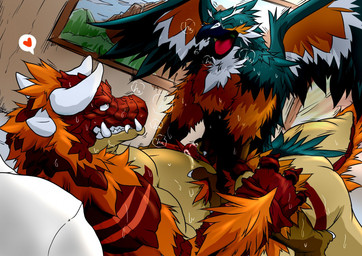 anthro bed bodily_fluids cowgirl_position detailed_background duo eyes_closed from_front_position fucked_silly furniture heart_reaction heart_symbol inside kemono male male/male nude obscured_penetration obscured_sex on_bottom on_top overweight overweight_male pillow sex speech_bubble sweat tail text yukikazefactory mythology avian dragon mythological_creature mythological_scalie scalie 2015 english_text