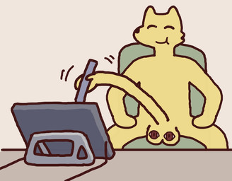 anthro balls big_penis chair electronics eyes_closed eyes_on_balls fur furniture genitals holding_object huge_penis humor hyper hyper_genitalia hyper_penis long_penis male mamm on_chair penis penis_hand simple_background sitting sitting_on_chair smile solo table tablet tablet_pen toony what yellow_body yellow_fur tukareta_inu canid canine canis mammal hi_res