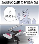 anthro attack bottomwear clothed clothing dialogue duo hair humor jacket male melee_weapon open_clothing open_jacket open_topwear pants pawpads sword text topwear weapon shreddyfox shreddy_(shreddyfox) ych_(character) canid canine fox mammal 2021 absurd_res comic english_text hi_res