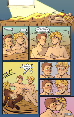 after_sex after_transformation animal_genitalia bed bedding blanket dialogue duo furniture genitals kissing male male/male sheath split_form sunrise text transformation lakehounds human hybrid mammal comic english_text hi_res maleherm_(lore)