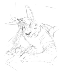 anthro chair clothed clothing container cup furniture hand_on_face head_tuft holding_object holding_pen male male_anthro mouth_closed mug pen shirt simple_background sitting solo t-shirt topwear tuft solaxe_(artist) solaxe kangaroo macropod mammal marsupial monochrome sketch
