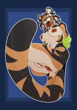 anthro anus ass_up bound breasts female gaping gaping_anus genitals melanistic skinny solo tongue tongue_out vaginal vulva gnaws4mawz felid feline mammal pantherine tiger absurd_res hi_res