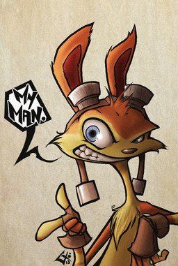 anthro blue_eyes clothing eyewear fingerless_gloves fur gesture gloves goggles hand_gesture handwear male orange_body orange_fur pointing pointing_at_viewer semi-anthro simple_background smile smirk solo speech_bubble g-chris jak_and_daxter naughty_dog sony_corporation sony_interactive_entertainment daxter mammal mustelid ottsel digital_media_(artwork)