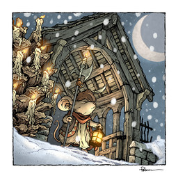 ambiguous_gender anthro candle clothing dutch_angle eyes_closed fire hat headgear headwear holding_lamp holding_melee_weapon holding_object holding_polearm holding_weapon loose_feather low-angle_view melee_weapon moon night outside polearm red_scarf scarf snow snowing standing tail weapon david_petersen mouse_guard mammal mouse murid murine rodent 1:1