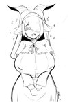 anthro big_breasts breasts clothed clothing eyes_closed female hair hair_over_eyes happy looking_at_viewer nun nun_outfit simple_background smile solo tongue wozzu1 bovid caprine goat humanoid mammal monochrome