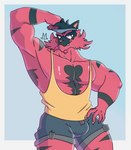 anthro bottomwear bulge claws clothing fangs flexing flexing_bicep hat headgear headwear male muscular red_body shirt shorts smile solo standing tank_top teeth thick_thighs topwear visor_cap ratwork nintendo pokemon generation_7_pokemon incineroar pokemon_(species) hi_res portrait three-quarter_portrait