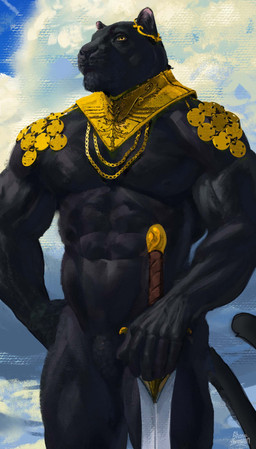 5_fingers abs anthro biceps black_body cloud featureless_crotch fingers forearm_muscles gold_(metal) gold_jewelry gold_necklace hand_on_hip holding_object holding_weapon jewelry looking_away male melee_weapon muscular navel necklace nipples pecs sky solo sword tail vein weapon yellow_eyes shaneinvasion felid mammal pantherine hi_res signature