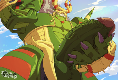 armor erection genitals glans green_body green_penis grin horn humanoid_genitalia humanoid_penis looking_at_viewer male muscular muscular_male pecs penis smile solo vein veiny_penis stangart bandai_namco digimon digimon_(species) humanoid titamon absurd_res hi_res