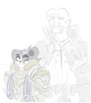 anthro armor black_hair clothing cosplay duo facial_hair female fur green_eyes hair looking_at_viewer male mustache simple_background young young_anthro spinater blizzard_entertainment warcraft anduin_wrynn_(warcraft) genn_greymane li_li_stormstout bear human mammal pandaren hi_res