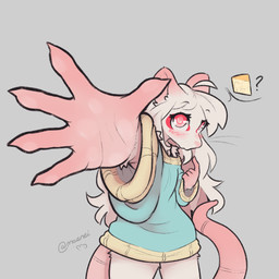 ambiguous_gender anthro arm_tuft blush bottomless bottomless_ambiguous bra_strap cheese clothed clothing dairy_products eyelashes eyeshadow food foreshortening grey_background hair high-angle_view long_hair makeup outstretched_arm question_mark reaching_towards_viewer red_eyes red_eyeshadow shoulder_tuft simple_background sleeves solo sweater tail topwear tuft maenei neimora_(maenei) mammal murid murine rat rodent 1:1 2025 hi_res trans_(lore) trans_woman_(lore)