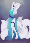 4_toes anthro barefoot biped black_nose blue_eyes breasts clothed clothing digitigrade feet female fur hair hand_behind_head inner_ear_fluff simple_background smile solo standing toes tuft white_body white_fur white_hair wide_hips ajna katida canid canine fox mammal hi_res