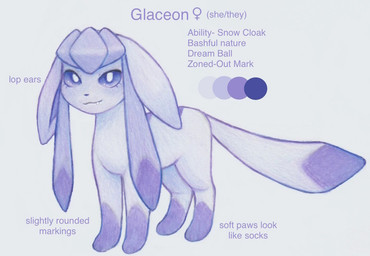 eyelashes fangs female feral floppy_ears leg_markings lop_ears markings paws pronouns purple_eyes quadruped socks_(marking) solo standing stated_gender tail teeth text lynxfurr nintendo pokemon glaceon_(lynxfurr) canid canine eeveelution generation_4_pokemon glaceon mammal pokemon_(species) colored_pencil_(artwork) model_sheet species_name traditional_media_(artwork)