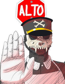 ambiguous_gender anthro apron black_body black_fur bone bone_mask clothed clothing crossbones fangs flat_cap fur gloves handwear hat headgear headwear looking_at_viewer maid_uniform mask raised_hand skull skull_mask solo teeth text uniform usuario2 ambiguous_species mammal hi_res meme reaction_image spanish_text translated