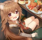 between_legs blush brown_hair duo female female_focus flan food hair meat sausage sitting solo_focus young pushuke the_rising_of_the_shield_hero raphtalia animal_humanoid canid canid_humanoid canine canine_humanoid humanoid mammal mammal_humanoid tanuki_humanoid 2020 hi_res