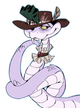 choker clothing fangs feathered_cap female feral hat headgear headwear jewelry necklace purple_body purple_scales scales simple_background snake_clothing solo teeth white_background yellow_eyes ipas214879 disney zootopia agnes_de'snake pit_viper reptile scalie snake viper 2026 digital_media_(artwork)
