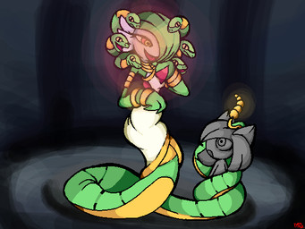 accessory ambiguous_gender apode bracelet chest_spike clothing coiling dress duo glowing glowing_eyes green_hair green_tail hair half-closed_eyes inanimate_transformation jewelry legless looking_down narrowed_eyes neck_ring open_mouth petrification red_eyes serpentine smile spikes spikes_(anatomy) split_form tail transformation white_clothing white_dress wristband yellow_eyes fattywapp nintendo pokemon yularie_(fattywapp) draconcopode ekans gardevoir generation_1_pokemon generation_3_pokemon humanoid lamia pokemon_(species) reptile scalie snake 4:3 signature