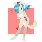 anthro bandage blue_hair breasts female fur hair looking_at_viewer nurse pink_background red_eyes simple_background solo tail tan_body tan_fur tan_tail anonymous_artist skullgirls valentine_(skullgirls) domestic_cat felid feline felis mammal 1:1