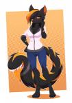 anthro biped black_body black_fur black_hair bottomwear breasts clothed clothing female fur hair hoodie markings multicolored_hair orange_eyes orange_hair pants simple_background solo standing tail tail_mouth topwear two_tone_hair unusual_anatomy unusual_tail yellow_markings re-sublimity-kun ember_blackwood canid canine fox mammal tailmouth_(species) digital_media_(artwork) full-length_portrait portrait