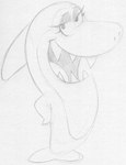 eyelashes female fin half-closed_eyes happy narrowed_eyes open_mouth open_smile semi-anthro smile solo standing tongue sbshouseofpancakes hanna-barbera jabberjaw jellystone_(hbo_max) jabberjaw_(character) fish marine shark 2021 monochrome shaded sketch traditional_media_(artwork)