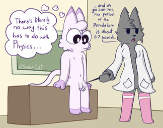 anthro black_eyes black_nose breasts chalkboard classroom clothing coat desk dipstick_ears duo ear_markings eyelashes facial_markings facial_tuft female fur fur_markings furniture genitals gesture gloves_(marking) grey_body grey_fur hand_gesture head_markings ineffective_clothing inner_monologue lab_coat leg_markings legwear male male/female markings multicolored_ears nipples nude nude_anthro nude_male nudist pattern_clothing pattern_legwear penis pink_clothing pink_legwear pink_thigh_highs pointing purple_body purple_fur school simple_background simple_eyes sitting socks_(marking) standing stick striped_clothing striped_legwear stripes student swinging_penis table teacher teacher_and_student text thigh_highs thinking thought_bubble topwear tuft vulva yellow_background soder_cat des_(soder_cat) link_fuzion_(soder_cat) domestic_cat felid feline felis lynx mammal english_text nonbinary_(lore)