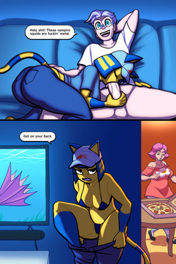 anthro anthro_penetrated baseball_cap big_breasts bikini bottomless breasts clothed clothing dialogue fellatio female female_penetrated food furniture genitals group hat headgear headwear human_on_anthro human_penetrating human_penetrating_anthro interspecies male male/female male_penetrating male_penetrating_female open_mouth open_smile oral penetration penile penis pizza sex smile sofa swimwear text trio two-piece_swimsuit undressing lovetopullmicke animal_crossing nintendo ankha_(animal_crossing) villager_(animal_crossing) domestic_cat felid feline felis human mammal 2:3 absurd_res comic english_text hi_res