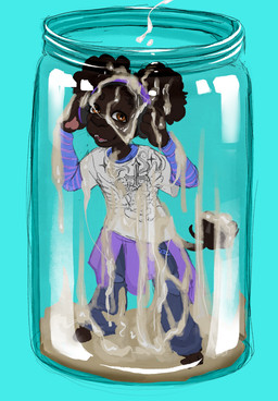 anthro bodily_fluids brown_body brown_fur clothed clothing container cum cum_tribute curly_hair dried_cum electronics female figurine fur genital_fluids hair headphones jar loli pawpads simple_background solo tribute y2k_(fashion) young breadbitch420 phoebe_(breadbitch420) canid canine canis domestic_dog mammal poodle hi_res