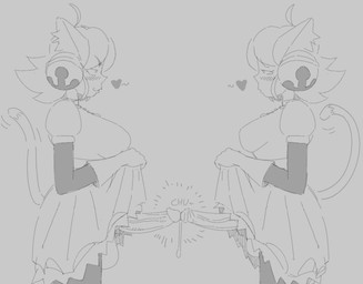 balls bell big_balls big_breasts big_penis blush bodily_fluids breasts cat_tail clothed clothing clothing_lift cowlick dipstick_tail dress dress_lift dripping duo erection eyelashes frilly frilly_clothing frilly_dress genital_fluids genitals gloves gynomorph gynomorph_humanoid hair handwear heart_symbol intersex intersex_humanoid looking_at_another looking_pleasured markings narrowed_eyes penis precum precum_drip shake_lines short_hair side_view tail tail_markings touching_tips vein veiny_penis spinnsfw deltarune undertale_(series) mad_mew_mew mew_mew_(undertale) pink_(deltarune) animal_humanoid felid felid_humanoid feline feline_humanoid humanoid mammal mammal_humanoid 2026 digital_drawing_(artwork) digital_media_(artwork) monochrome sketch