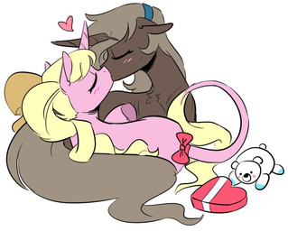 accessory blonde_hair blush bow_ribbon box_of_chocolates brown_body brown_fur brown_hair candy chocolate dessert duo female female/female feral food fur furgonomics hair heart_symbol horn kiss_on_lips kissing long_tail pink_body pink_fur plushie quadruped ribbons simple_background tail tail_accessory tail_bow tail_ribbon teddy_bear white_background redxbacon hasbro my_little_pony mythology eureka_(oc) fan_character parch_well_(oc) equid equine mammal mythological_creature mythological_equine unicorn