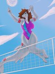 anthro ball big_breasts breasts brown_hair clothing female grey_body hair jumping non-mammal_breasts one-piece_swimsuit red_stripes solo sport stripes swimwear volleyball volleyball_(ball) wide_hips yellow_eyes unrealcereal riptide_(synthwave_shark) fish marine shark 2023 3:4 absurd_res hi_res