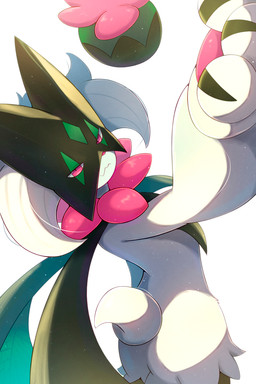 3_fingers ambiguous_anthro ambiguous_gender anthro fingers flower flower_mane fur green_body green_fur green_tail leaf light looking_at_viewer looking_back looking_back_at_viewer nude nude_ambiguous nude_anthro pawpads pink_eyes pink_flower pink_pawpads plant pupils short_tail simple_background slit_pupils solo tail white_background rumine nintendo pokemon elemental_creature felid feline flora_fauna generation_9_pokemon mammal meowscarada pokemon_(species) 2026 2:3 hi_res lighting shaded