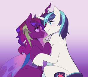 alternate_species blue_eyes blush eye_contact fangs female feral horn insect_wings looking_at_another purple_eyes smile solo teeth white_body wings aztrial friendship_is_magic hasbro my_little_pony mythology princess_cadance_(mlp) shining_armor_(mlp) changeling_(mlp) equid equine mammal mythological_creature mythological_equine unicorn hi_res