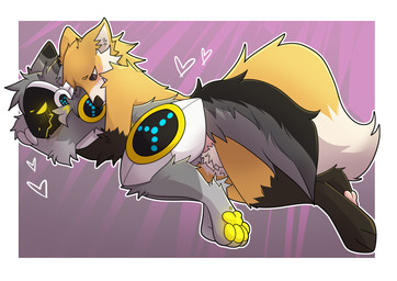 anal anal_penetration anthro balls blush cuddling duo feet fur genitals glowing glowing_pawpads hindpaw machine male male/male male_penetrated male_penetrating male_penetrating_male nude pawpads paws penetration penis sex simple_background spooning tail eccentrictrash astral_starzer canid canine fox mammal protogen absurd_res hi_res