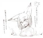 :d bathing breasts cleavage clothed clothing dipstick_ears ear_markings fangs female hair inner_ear_fluff multicolored_ears nude open_mouth short_hair smile solo teeth text tuft water sakifox gosuzun animal_humanoid canid canid_humanoid canine canine_humanoid fox_humanoid humanoid mammal mammal_humanoid greyscale hi_res japanese_text monochrome translation_request