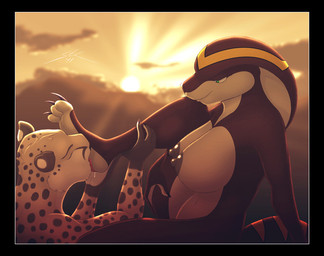 anthro big_breasts black_border border breasts claws detailed_background duo feet female foot_fetish foot_lick foot_play hindpaw interspecies licking male male/female nipples non-mammal_breasts non-mammal_nipples nude outside paws romantic romantic_ambiance romantic_couple sunset tail tongue tongue_out spotty_the_cheetah shandi cheetah cobra elapid_(snake) felid feline king_cobra mammal reptile scalie snake
