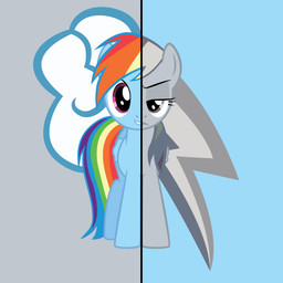 feathered_wings feathers female feral hair inverted_color looking_at_viewer multicolored_hair multicolored_tail purple_eyes rainbow_hair rainbow_tail solo split_screen tail wings thediscorded friendship_is_magic hasbro my_little_pony mythology rainbow_dash_(mlp) equid equine mammal mythological_creature mythological_equine pegasus 1:1 2013 absurd_res full-length_portrait hi_res portrait