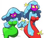 breasts cleavage clothed clothing dress duo electricity female green_clothing green_dress hand_on_butt red_clothing red_dress wide_hips yellow_eyes shenanimation mario_and_luigi_(series) mario_bros nintendo gigi_(mario) jellyfish_sisters merri_(mario) animal_humanoid cnidarian cnidarian_humanoid humanoid jellyfish jellyfish_humanoid marine marine_humanoid medusozoan medusozoan_humanoid sibling_(lore) sister_(lore) sisters_(lore)