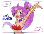 blue_eyes breasts clothing ear_piercing ear_ring female hair humanoid_pointy_ears long_hair not_furry open_mouth piercing pointy_ears ponytail purple_hair ring_piercing solo text mogahonu shantae_(series) wayforward shantae genie humanoid 2019 english_text