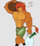 2018 anthro barrel big_muscles clothing felid food footwear fur hair hair_over_eye hi_res lion lube male mammal multicolored_body multicolored_fur muscular muscular_male musical_note nipples one_eye_obstructed onion pantherine pecs plant red_hair shirtless shoes socks solo tail teer todd_(joelasko) two_tone_body two_tone_fur vegetable